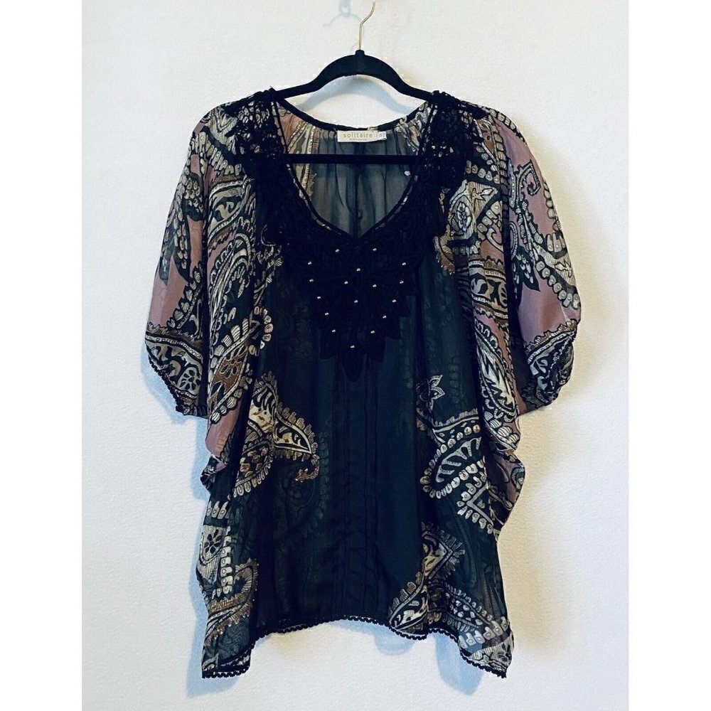 Solitaire by Ravi Khosla Top Womens 2X Kaftan Floral Crochet Lace Sheer Boho